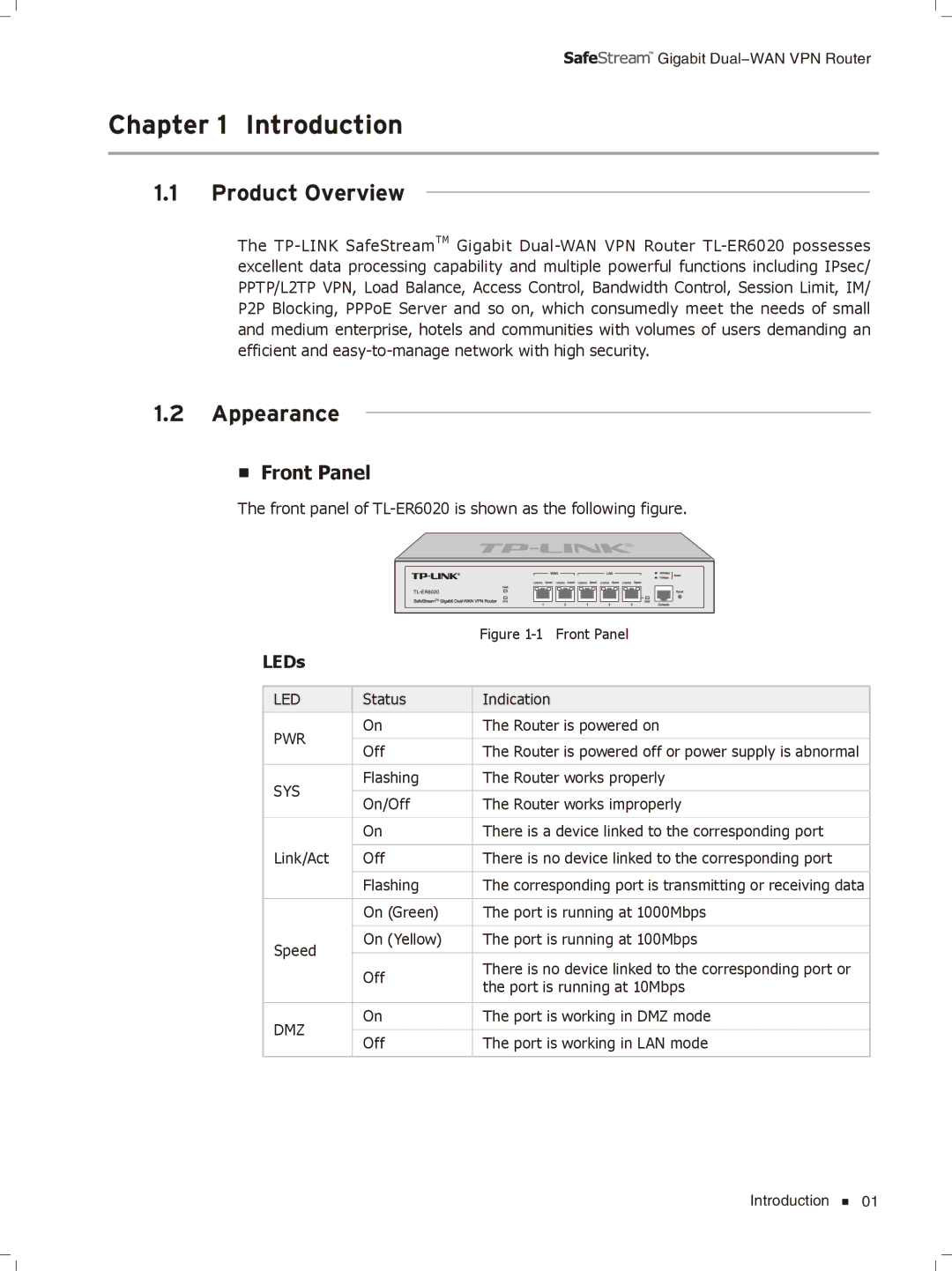 TP-Link TL-ER6020 manual Cccccccccc Introduction, Product Overview, Appearance, Front Panel 