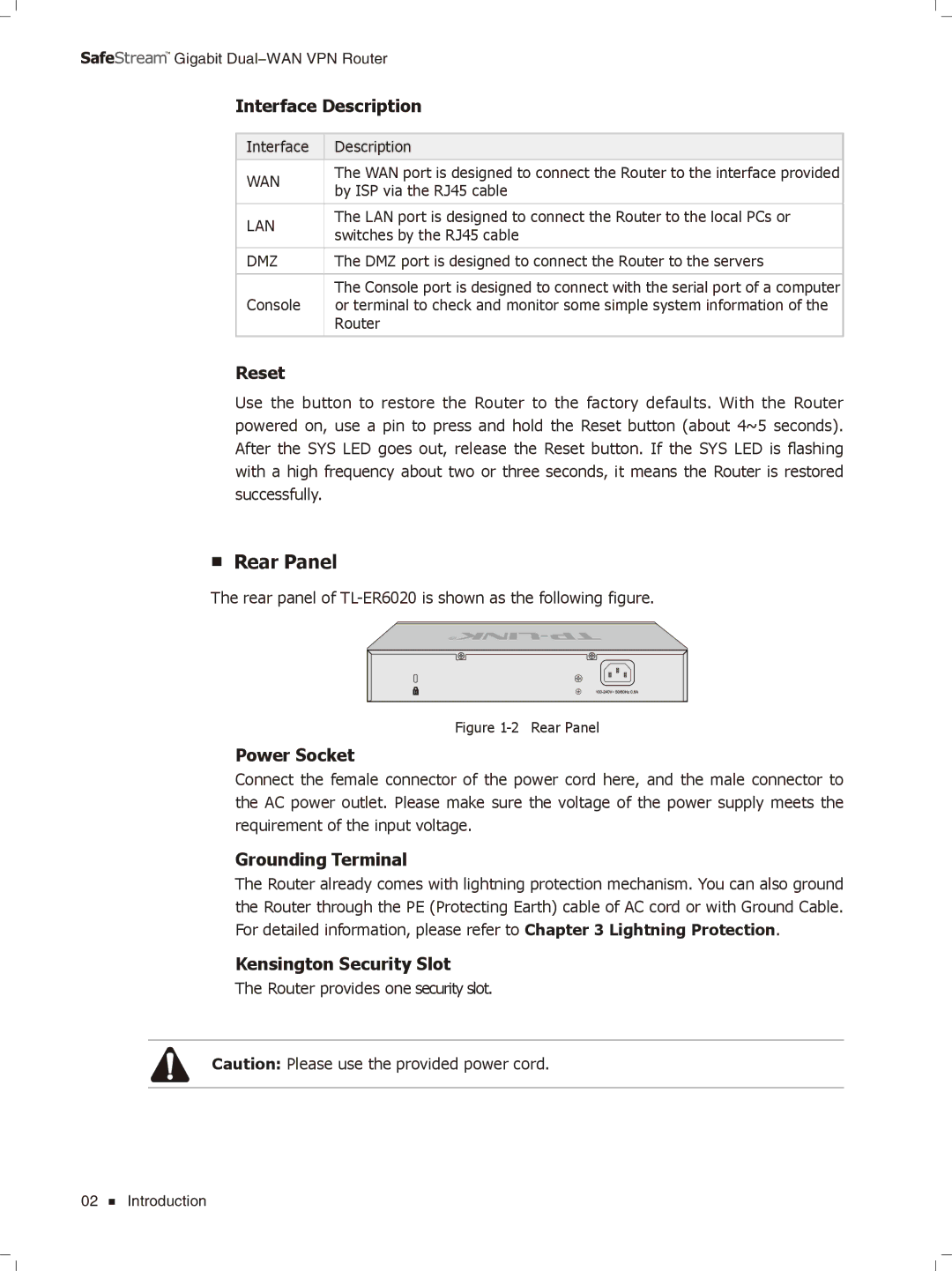 TP-Link TL-ER6020 manual Rear Panel, Interface Description 