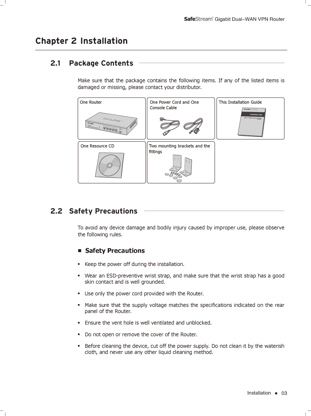 TP-Link TL-ER6020 manual CCCCCCCCCCInstallation, Package Contents, Safety Precautions 