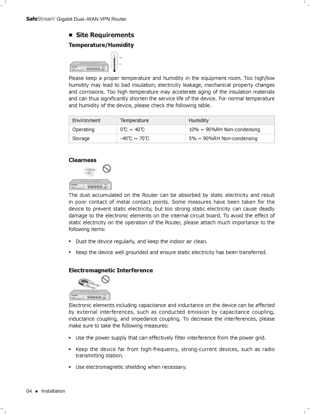 TP-Link TL-ER6020 manual Site Requirements, Temperature/Humidity 