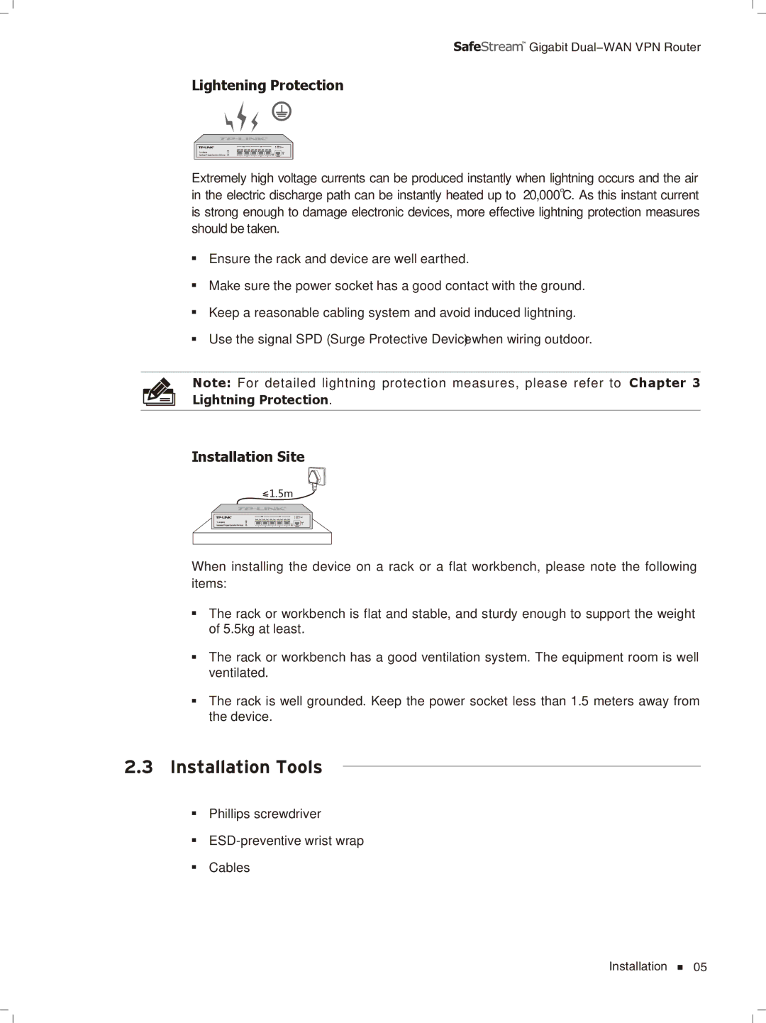 TP-Link TL-ER6020 manual Installation Tools, Lightening Protection 