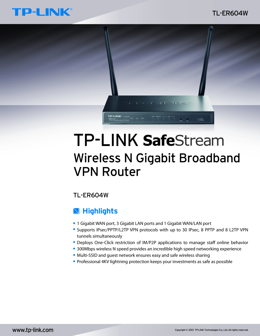 TP-Link TL-ER604W manual Wireless N Gigabit Broadband VPN Router 