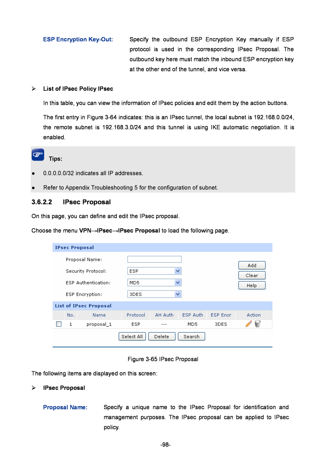 TP-Link TL-ER604W manual  List of IPsec Policy IPsec,  IPsec Proposal, Tips 