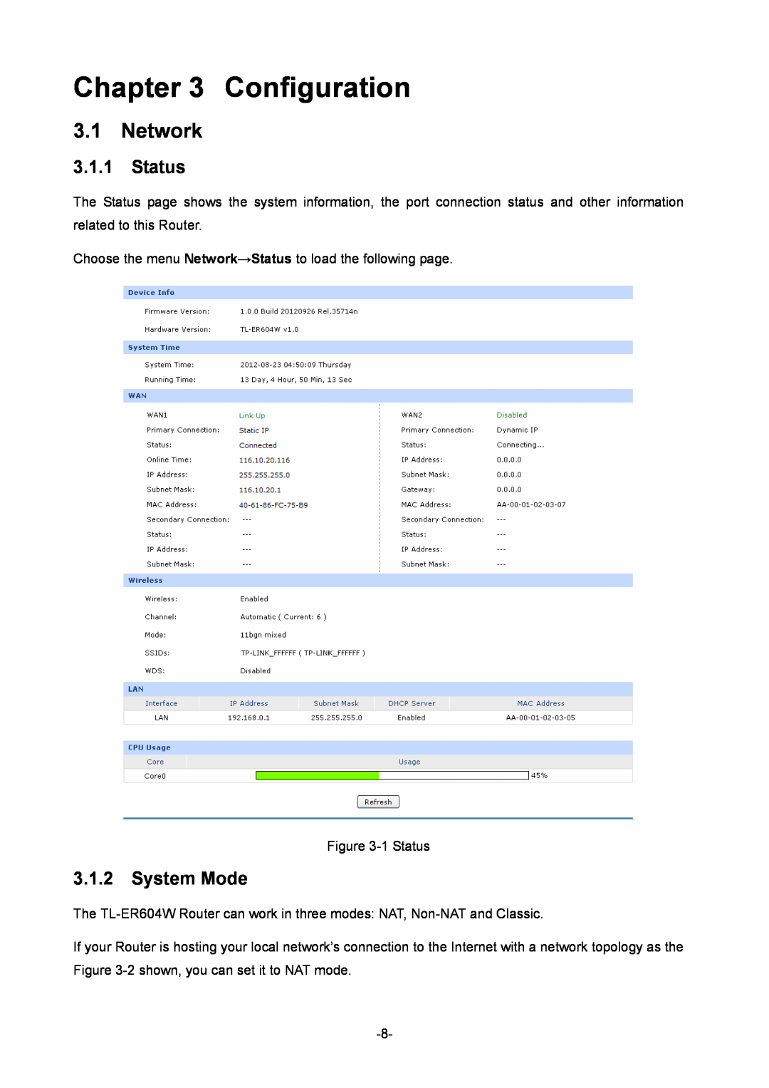 TP-Link TL-ER604W manual Configuration, Network, Status, System Mode 