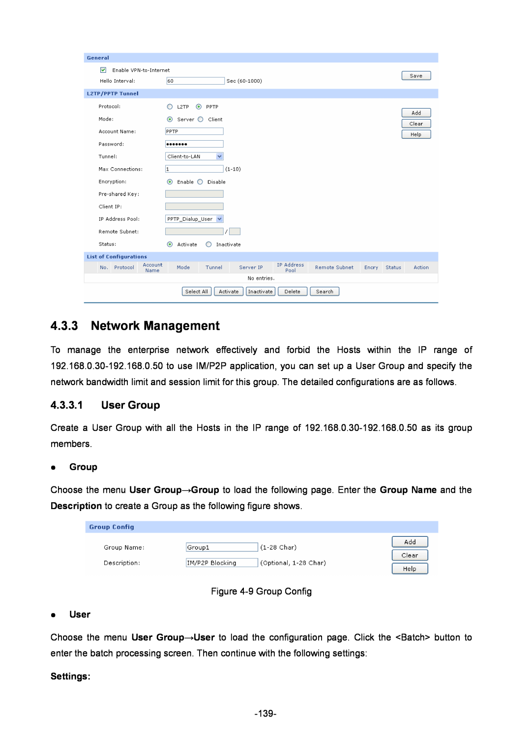 TP-Link TL-ER604W manual Network Management, User Group,  Group,  User, Settings 