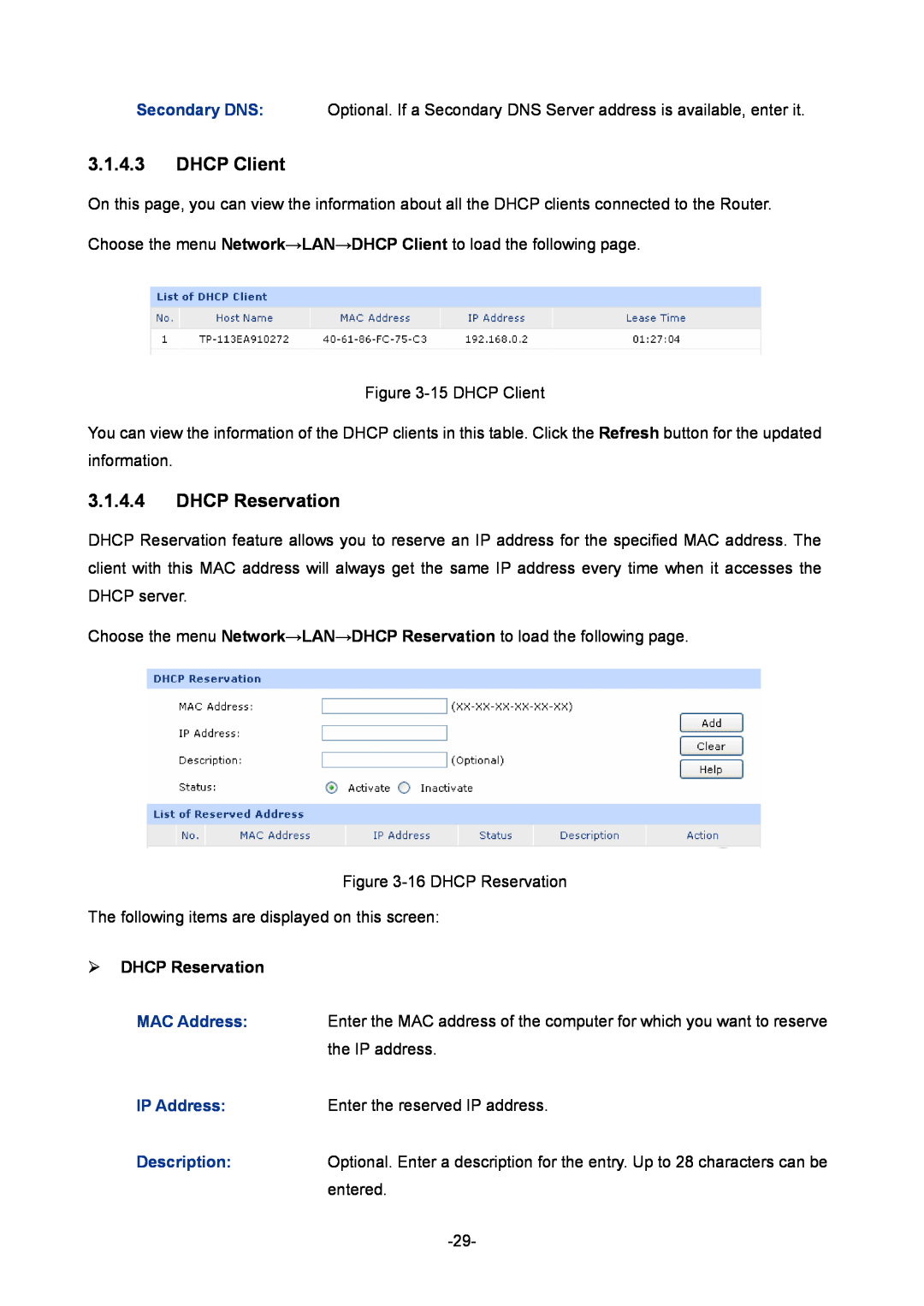 TP-Link TL-ER604W manual DHCP Client,  DHCP Reservation 