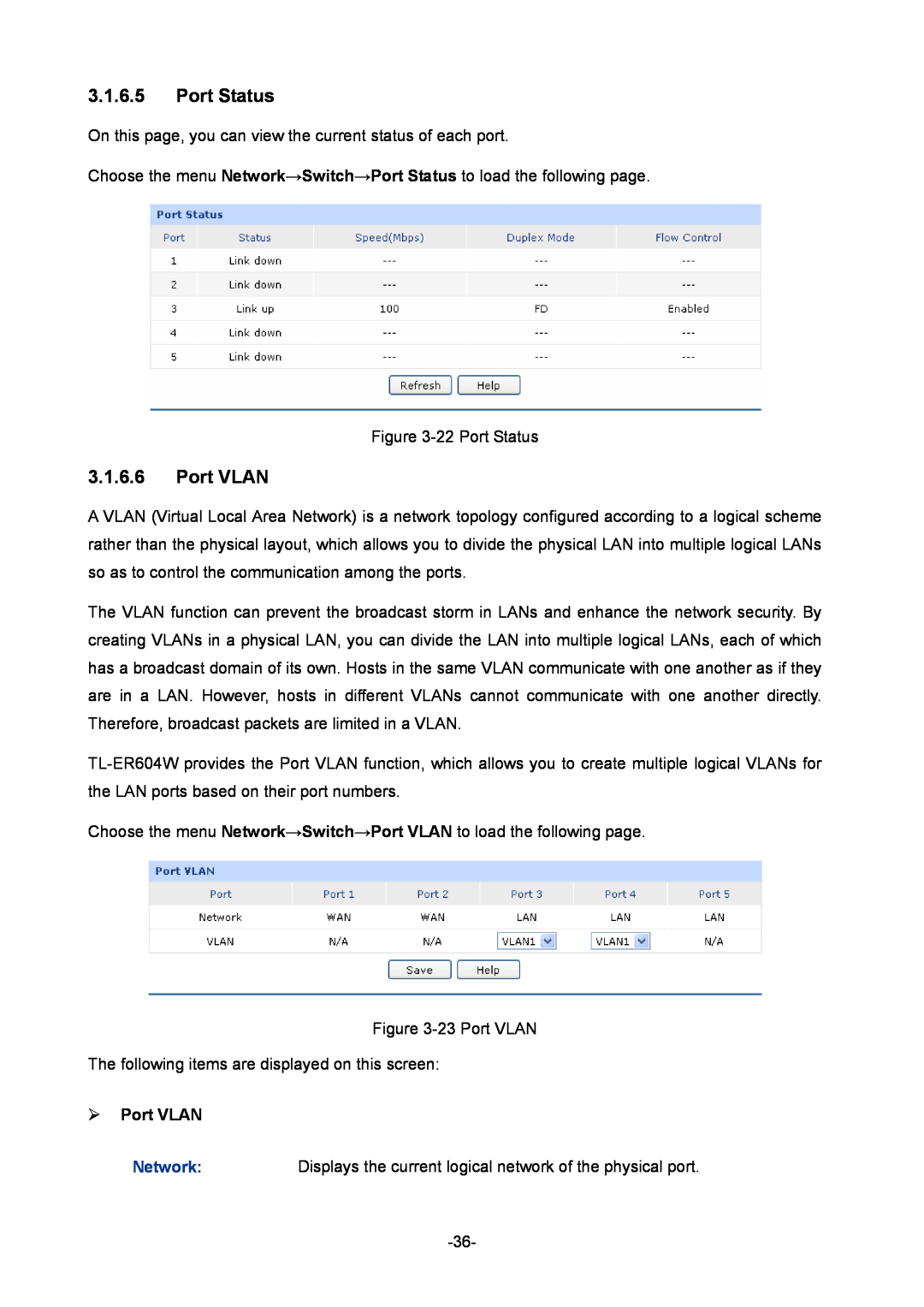 TP-Link TL-ER604W manual Port Status,  Port VLAN 