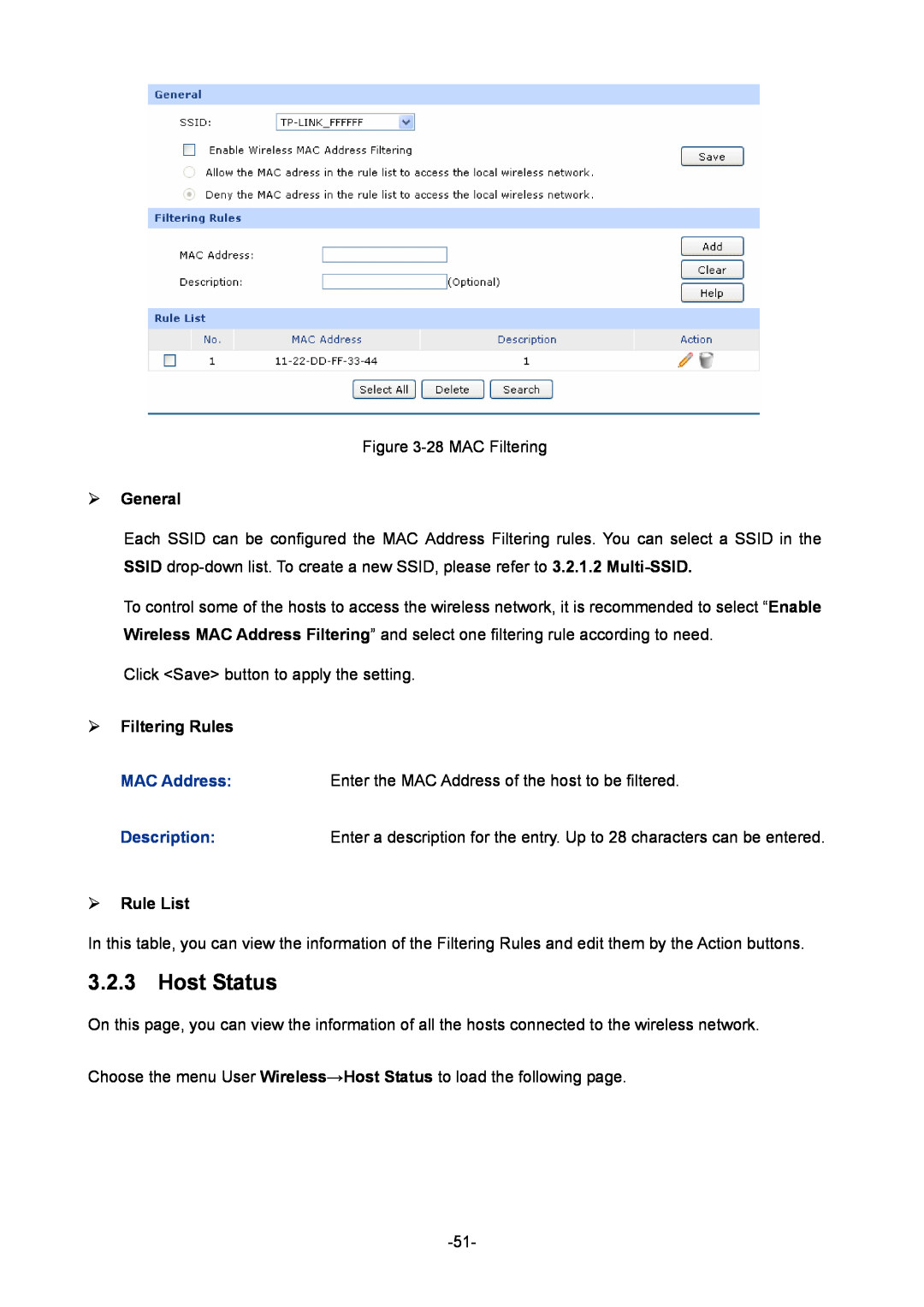 TP-Link TL-ER604W manual Host Status,  Filtering Rules,  Rule List,  General 
