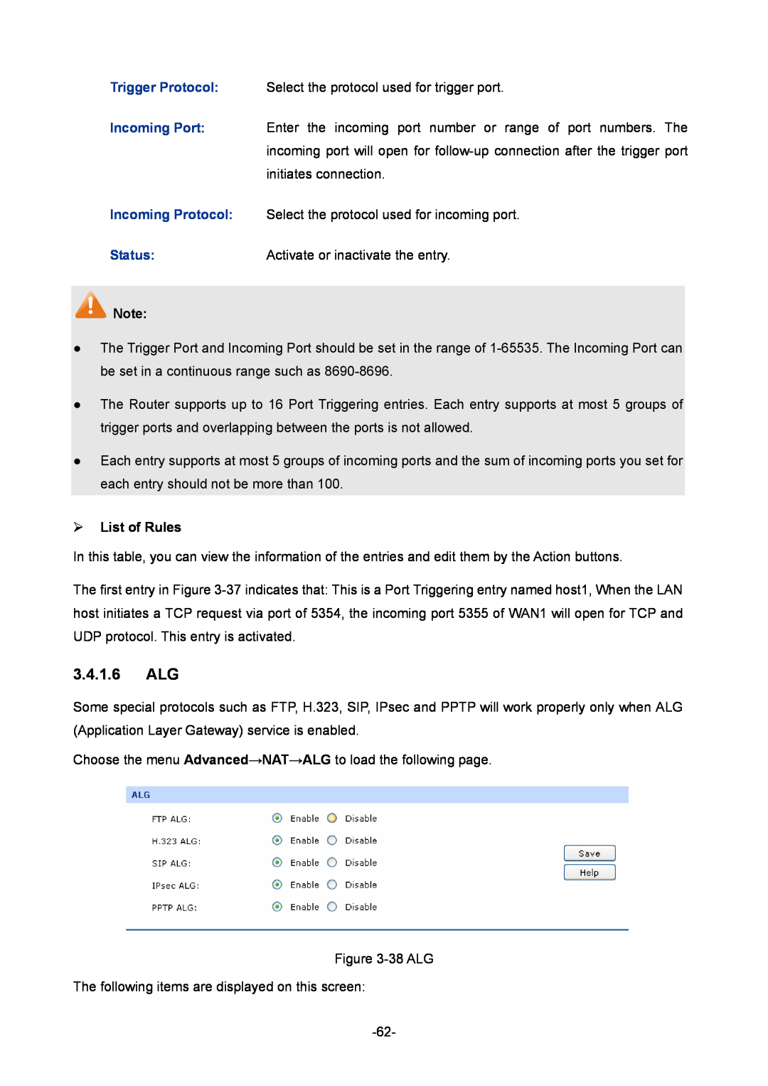 TP-Link TL-ER604W manual 3.4.1.6 ALG, Status,  List of Rules 