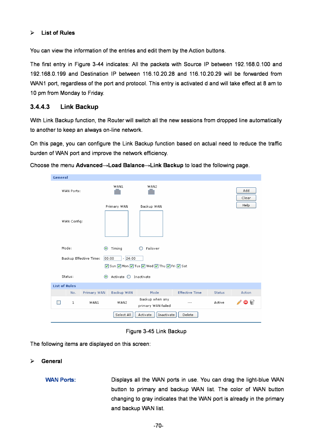 TP-Link TL-ER604W manual Link Backup,  List of Rules,  General 