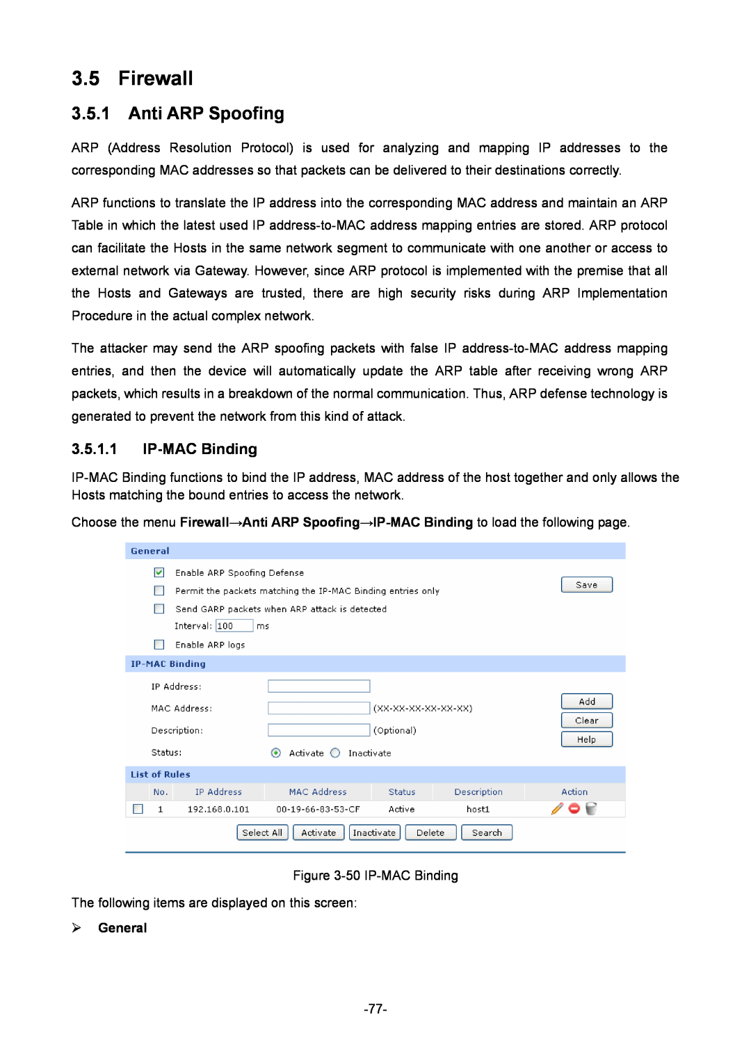 TP-Link TL-ER604W manual Firewall, Anti ARP Spoofing, IP-MAC Binding,  General 