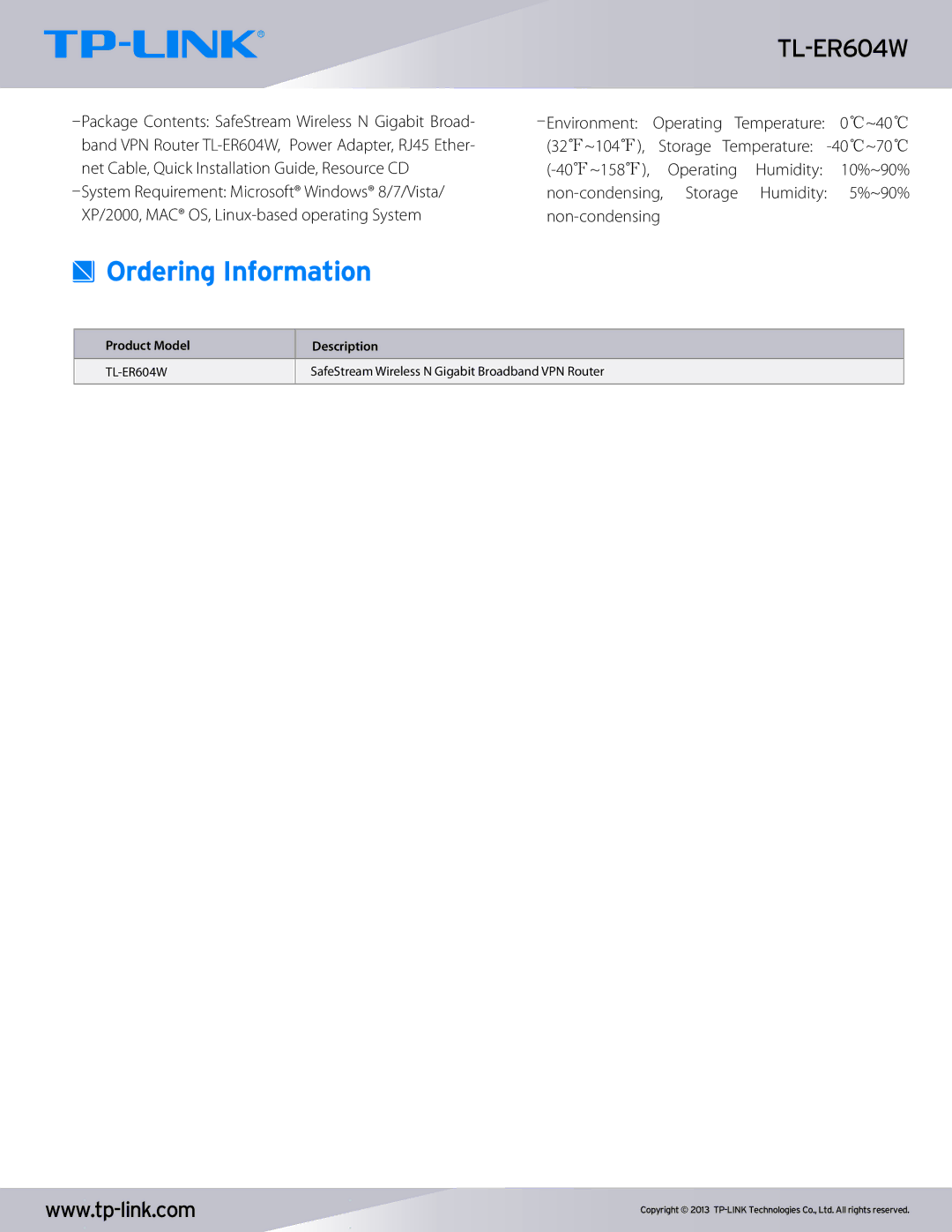 TP-Link TL-ER604W manual Ordering Information 