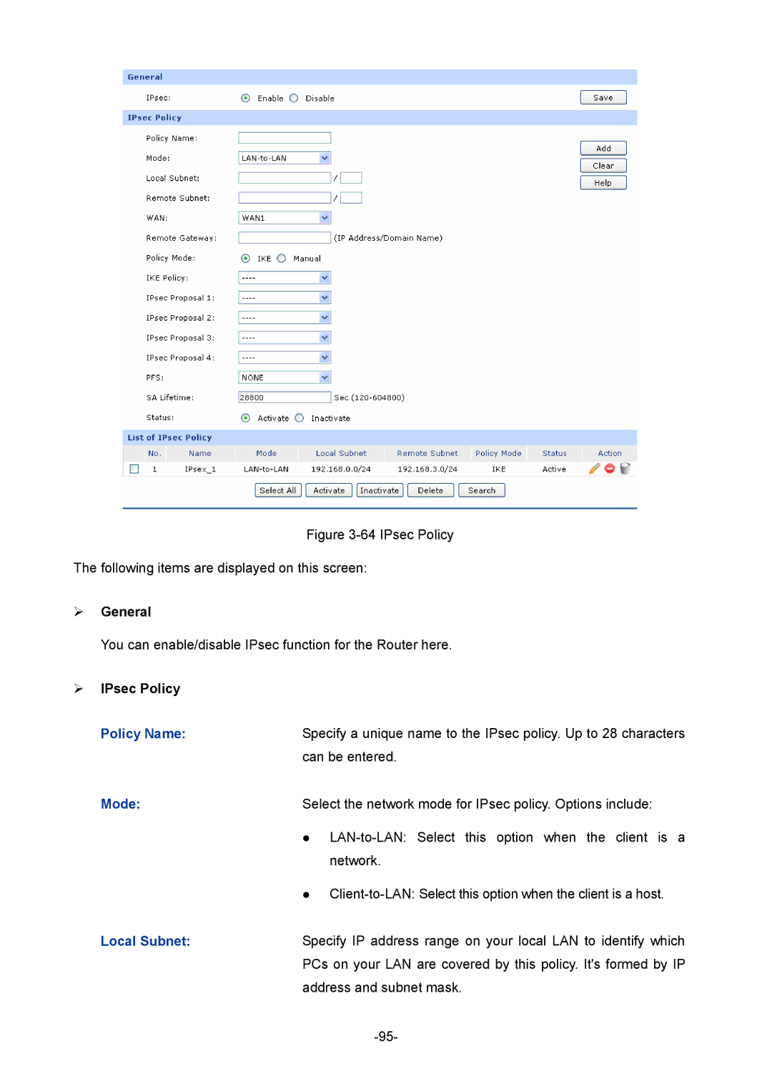 TP-Link TL-ER604W manual  IPsec Policy, Policy Name, Local Subnet 