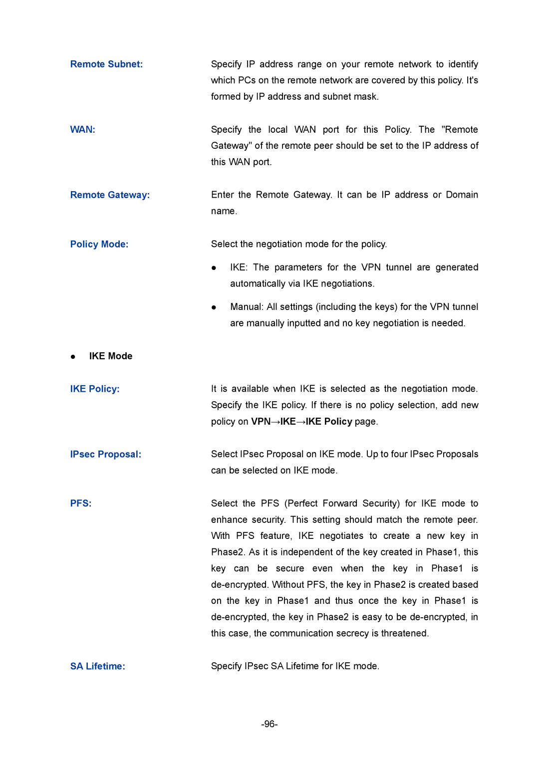 TP-Link TL-ER604W manual Remote Subnet, Remote Gateway, Policy Mode, IKE Policy, IPsec Proposal 