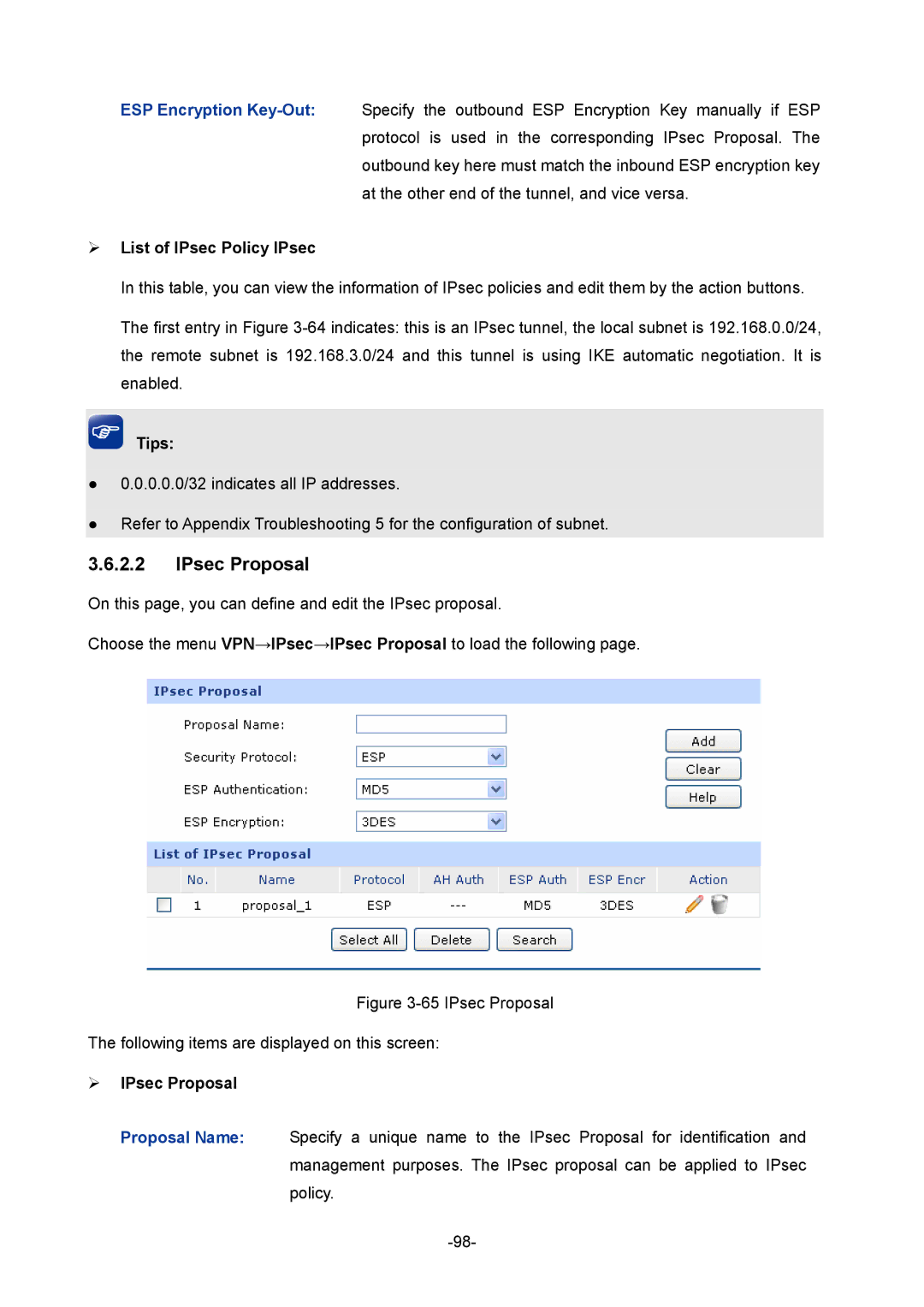 TP-Link TL-ER604W manual  List of IPsec Policy IPsec,  IPsec Proposal 