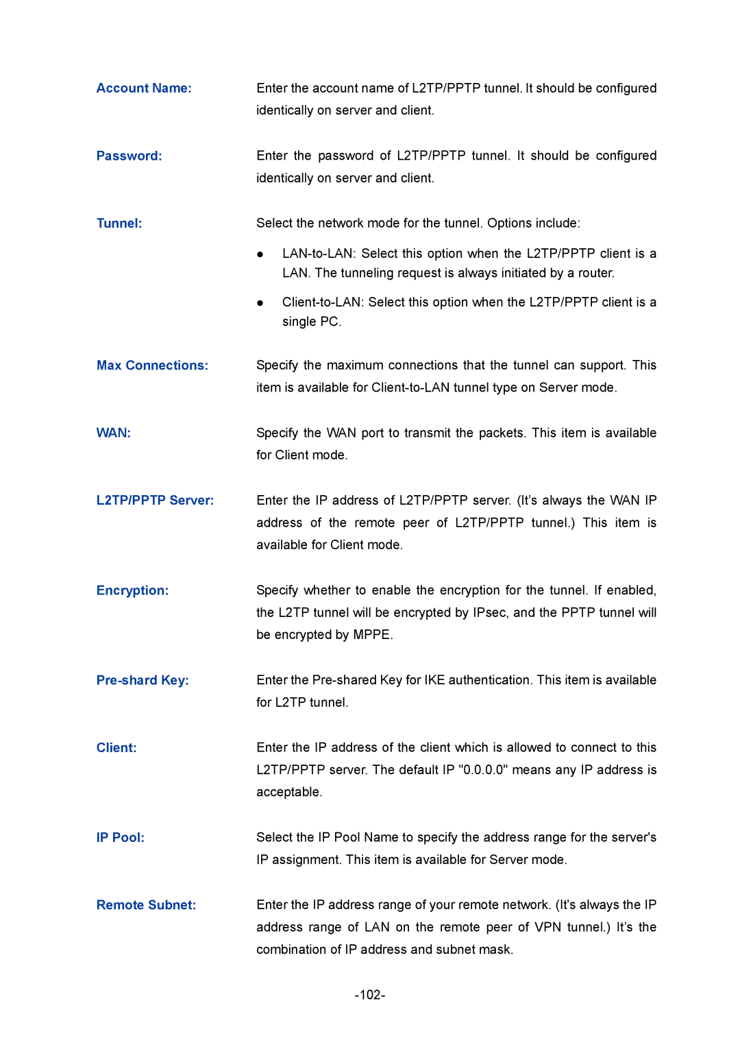 TP-Link TL-ER604W manual Tunnel, Max Connections, L2TP/PPTP Server, Pre-shard Key, Client, IP Pool 