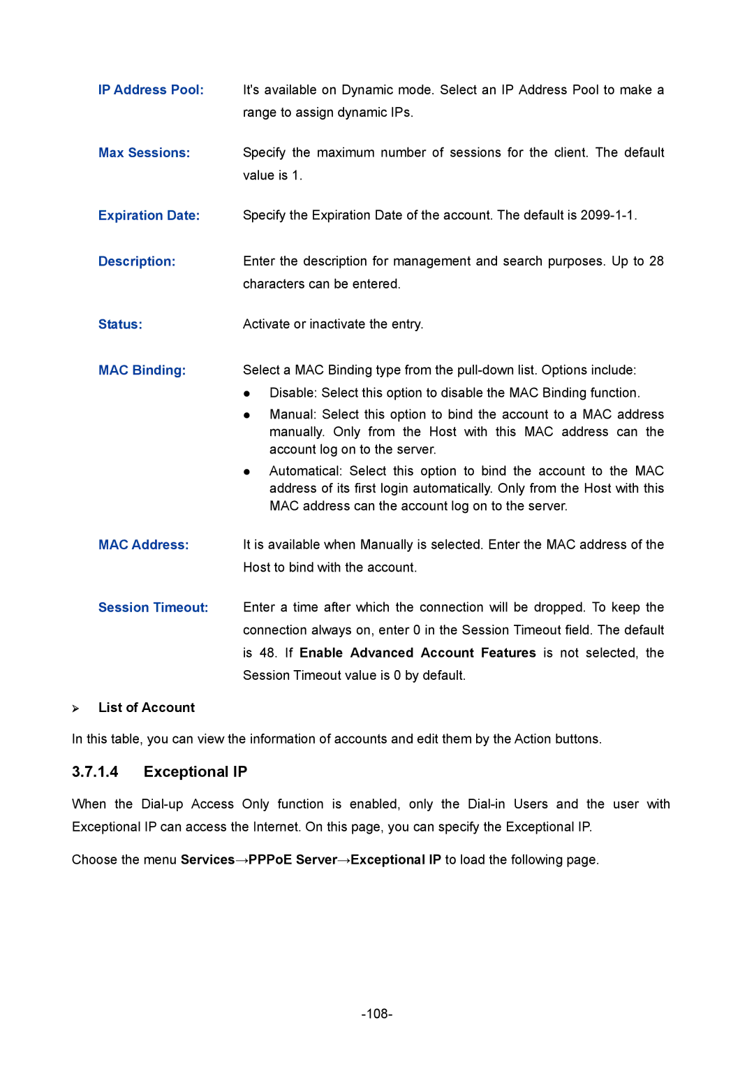 TP-Link TL-ER604W manual Exceptional IP, Is 48. If Enable Advanced Account Features is not selected,  List of Account 