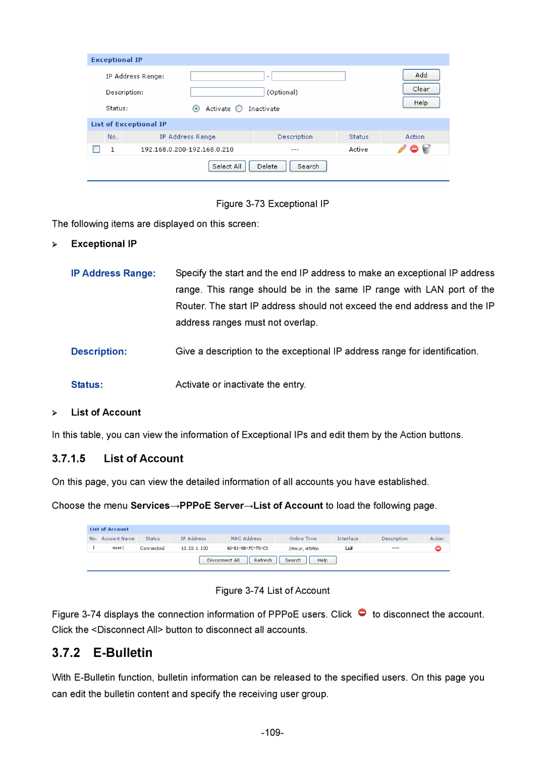 TP-Link TL-ER604W manual Bulletin, List of Account,  Exceptional IP 