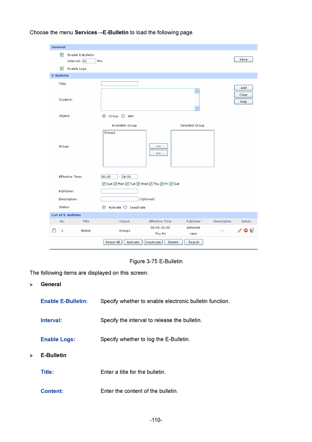 TP-Link TL-ER604W manual Interval,  E-Bulletin, Title 