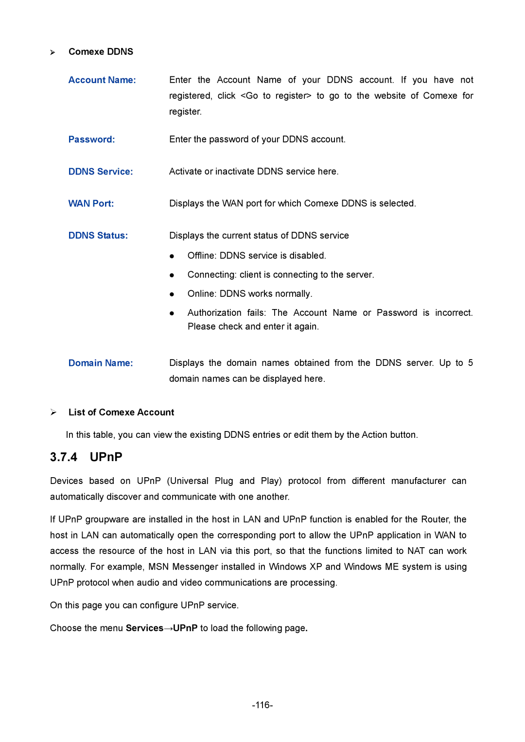 TP-Link TL-ER604W manual UPnP,  Comexe Ddns,  List of Comexe Account 