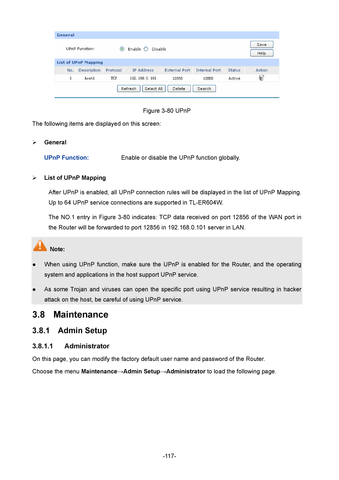 TP-Link TL-ER604W manual Maintenance, Admin Setup, Administrator,  List of UPnP Mapping 