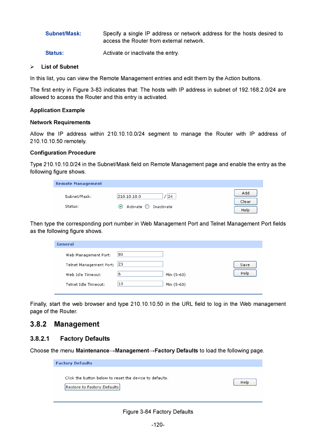 TP-Link TL-ER604W manual Management, Factory Defaults,  List of Subnet 