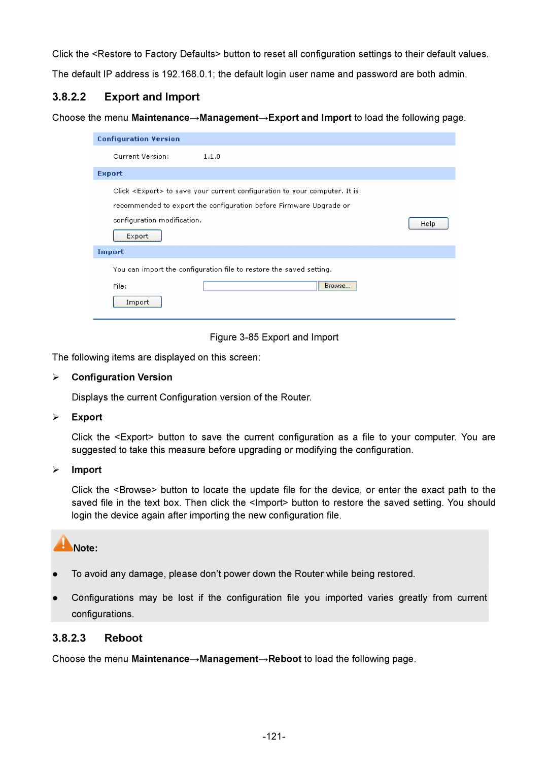 TP-Link TL-ER604W manual Export and Import, Reboot,  Configuration Version,  Export,  Import 