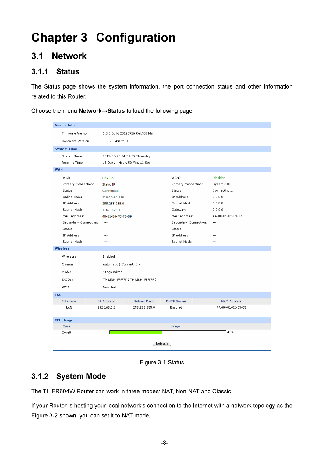 TP-Link TL-ER604W manual Network, Status, System Mode 