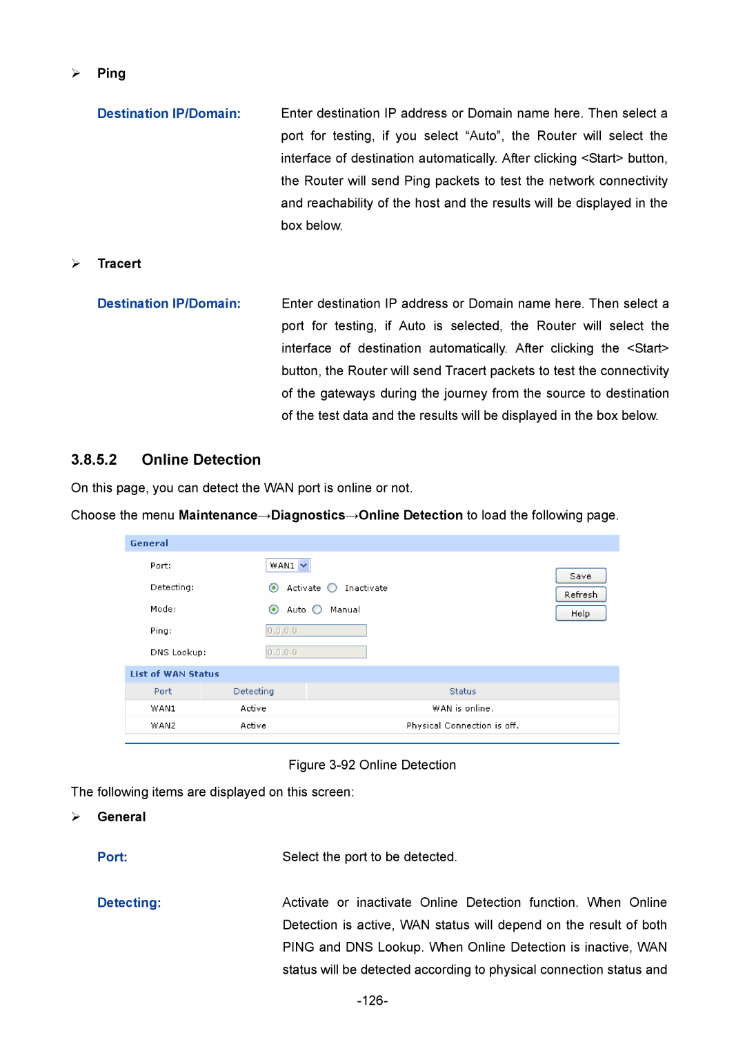 TP-Link TL-ER604W manual Online Detection,  Ping,  Tracert 