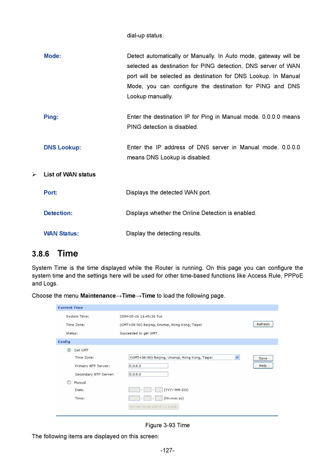 TP-Link TL-ER604W manual Time, Ping, DNS Lookup, Port Displays the detected WAN port Detection 