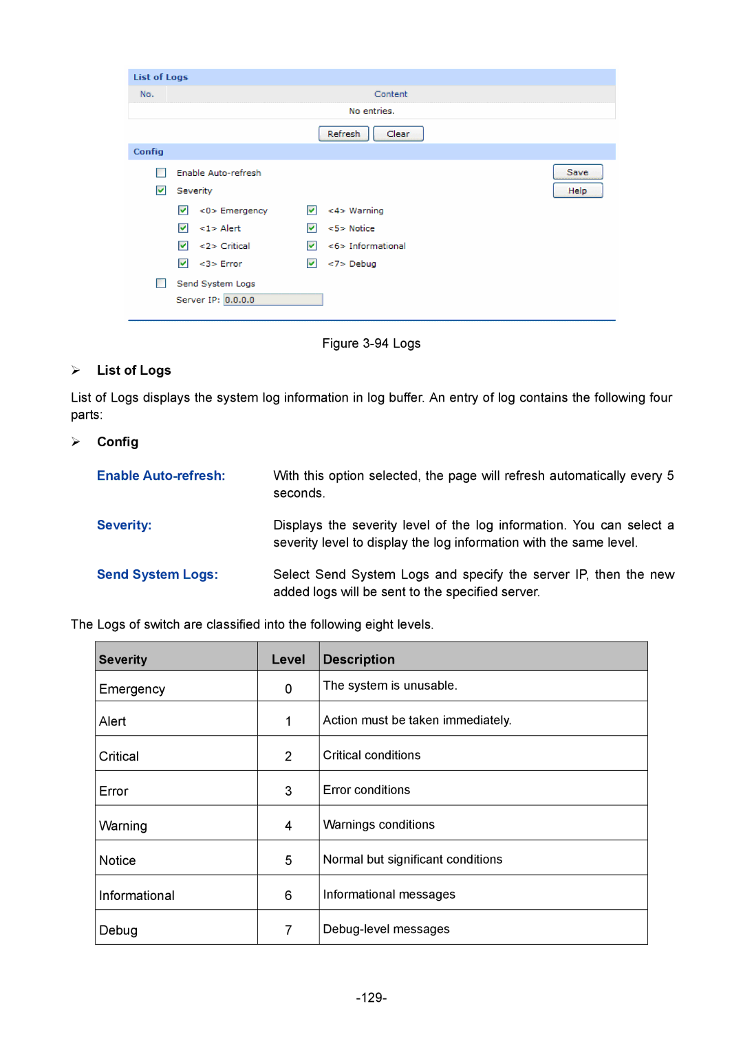 TP-Link TL-ER604W manual  List of Logs,  Config, Severity, Send System Logs, Level Description 