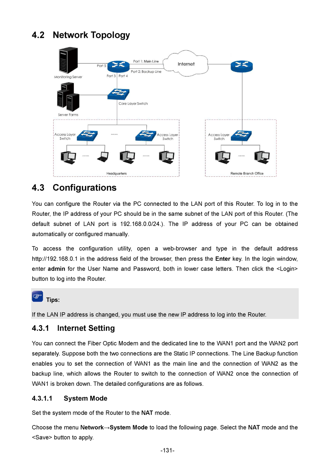 TP-Link TL-ER604W manual Network Topology Configurations, Internet Setting, System Mode 