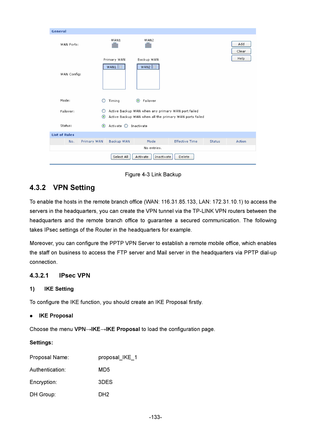 TP-Link TL-ER604W manual VPN Setting, IPsec VPN, IKE Setting,  IKE Proposal, Settings 