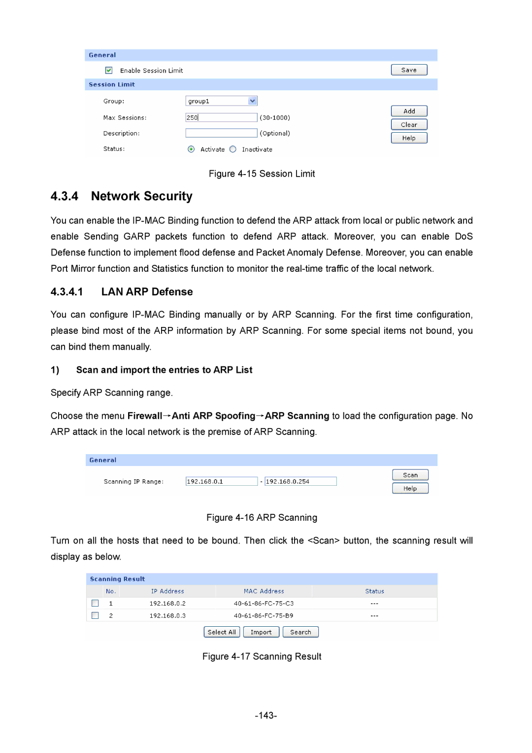 TP-Link TL-ER604W manual Network Security, LAN ARP Defense, Scan and import the entries to ARP List 