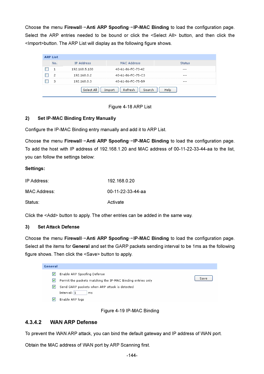 TP-Link TL-ER604W manual WAN ARP Defense, Set IP-MAC Binding Entry Manually, Set Attack Defense 