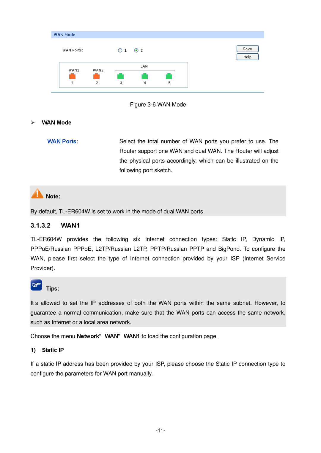 TP-Link TL-ER604W manual 3.2 WAN1,  WAN Mode, Tips, Static IP 