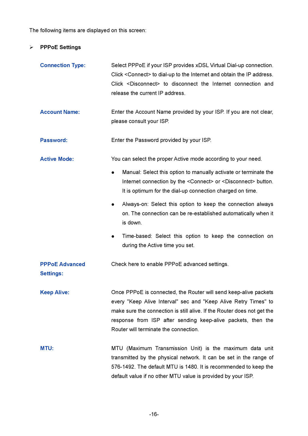 TP-Link TL-ER604W manual Account Name, Password, Active Mode, PPPoE Advanced, Settings Keep Alive 