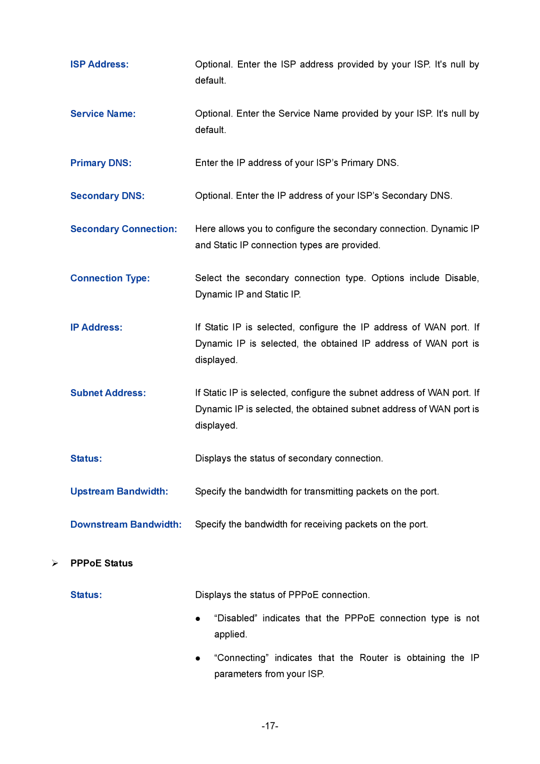 TP-Link TL-ER604W manual ISP Address, Service Name, Secondary Connection, Subnet Address, Downstream Bandwidth 