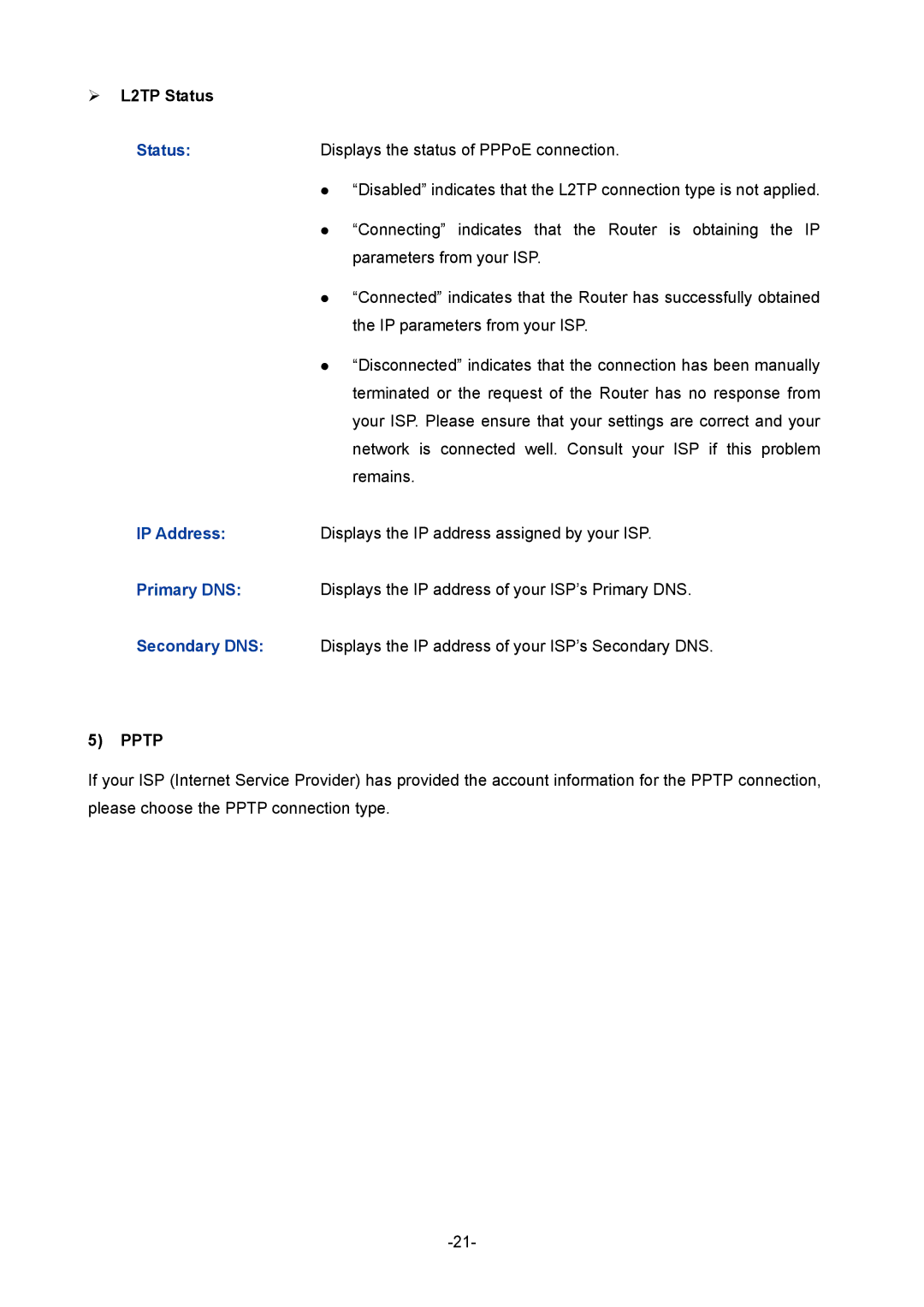 TP-Link TL-ER604W manual  L2TP Status, Pptp 