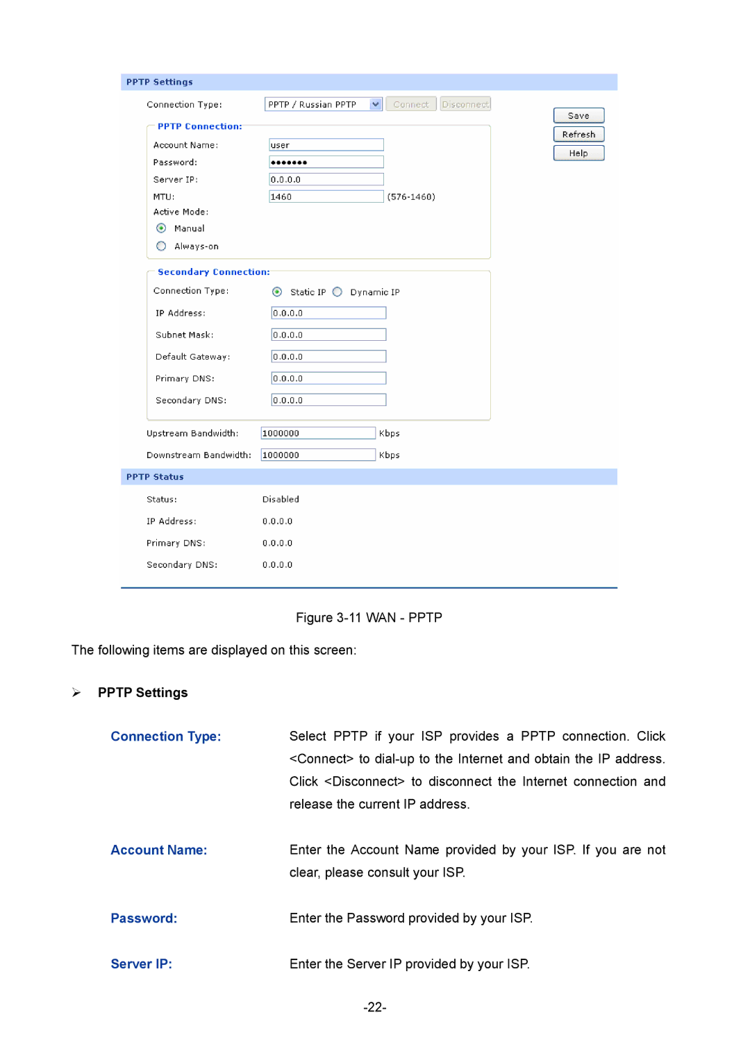 TP-Link TL-ER604W manual  Pptp Settings, Server IP 