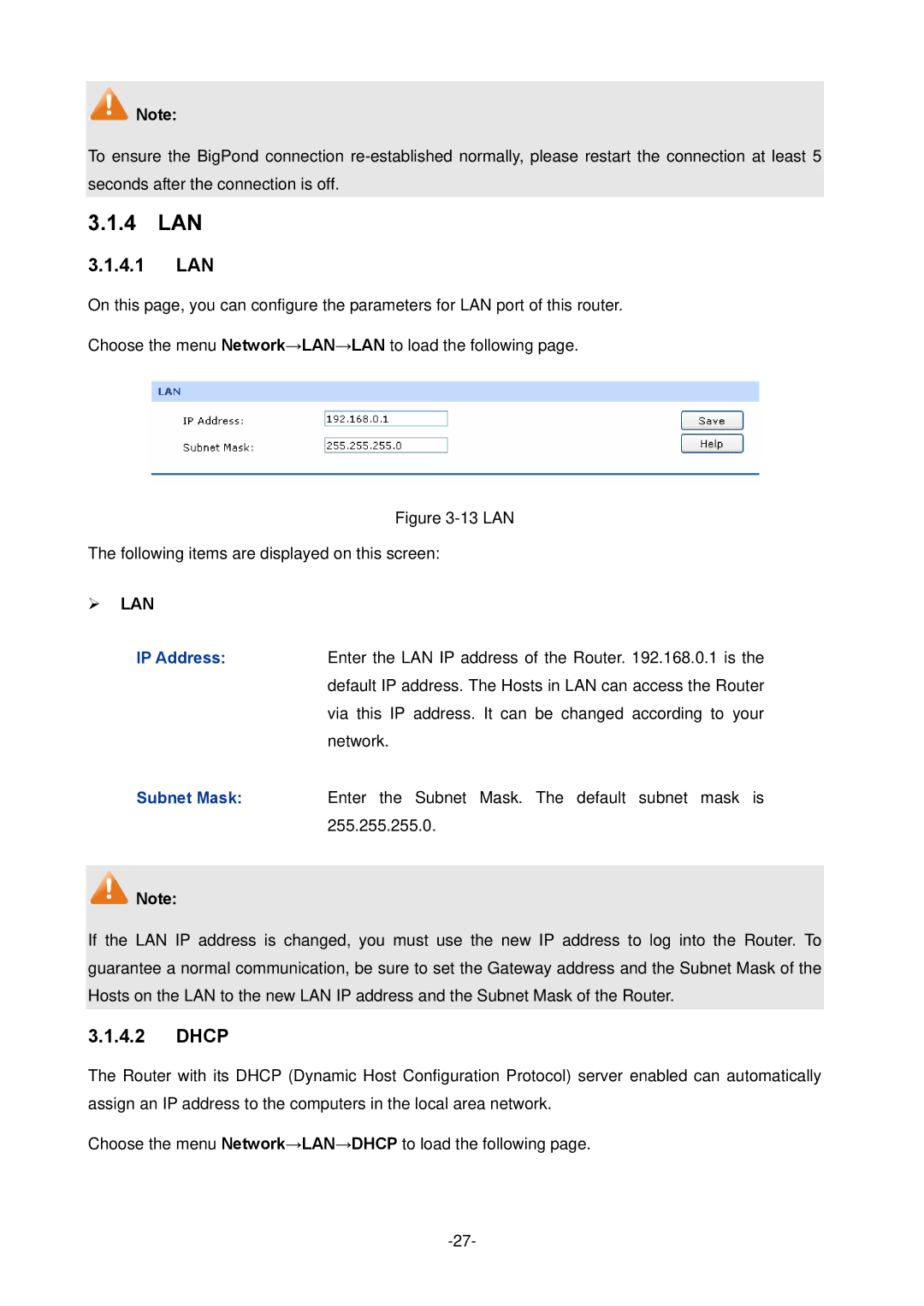 TP-Link TL-ER604W manual 4 LAN, 4.1 LAN, Dhcp 