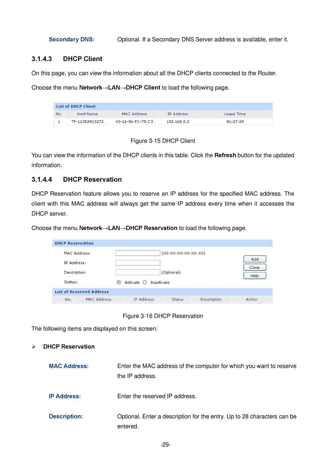 TP-Link TL-ER604W manual Dhcp Client,  Dhcp Reservation 