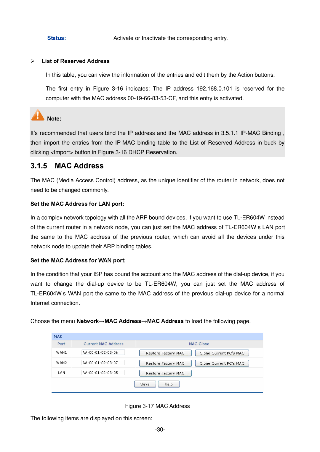 TP-Link TL-ER604W manual  List of Reserved Address, Set the MAC Address for LAN port, Set the MAC Address for WAN port 