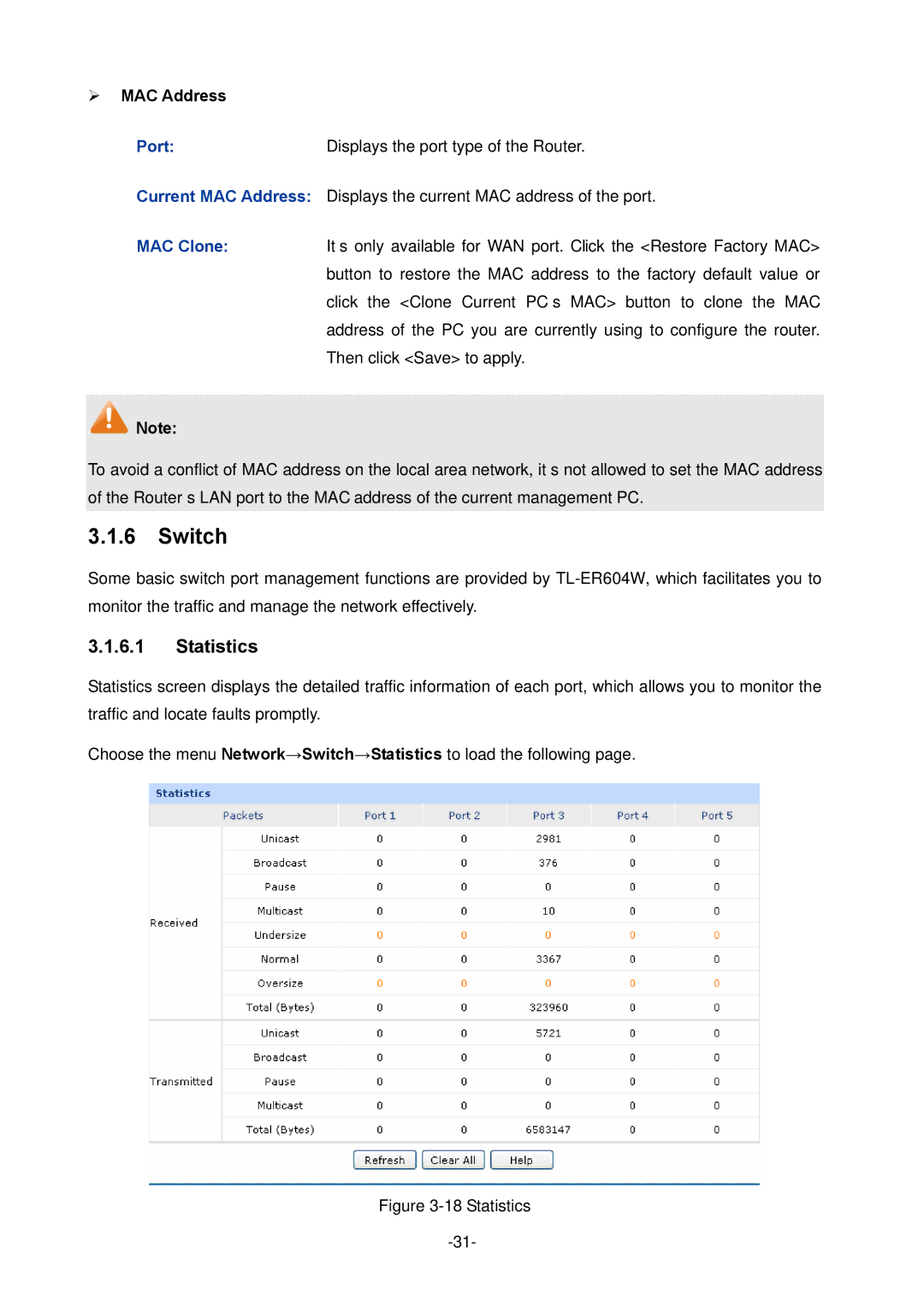 TP-Link TL-ER604W manual Switch, Statistics,  MAC Address, Port 