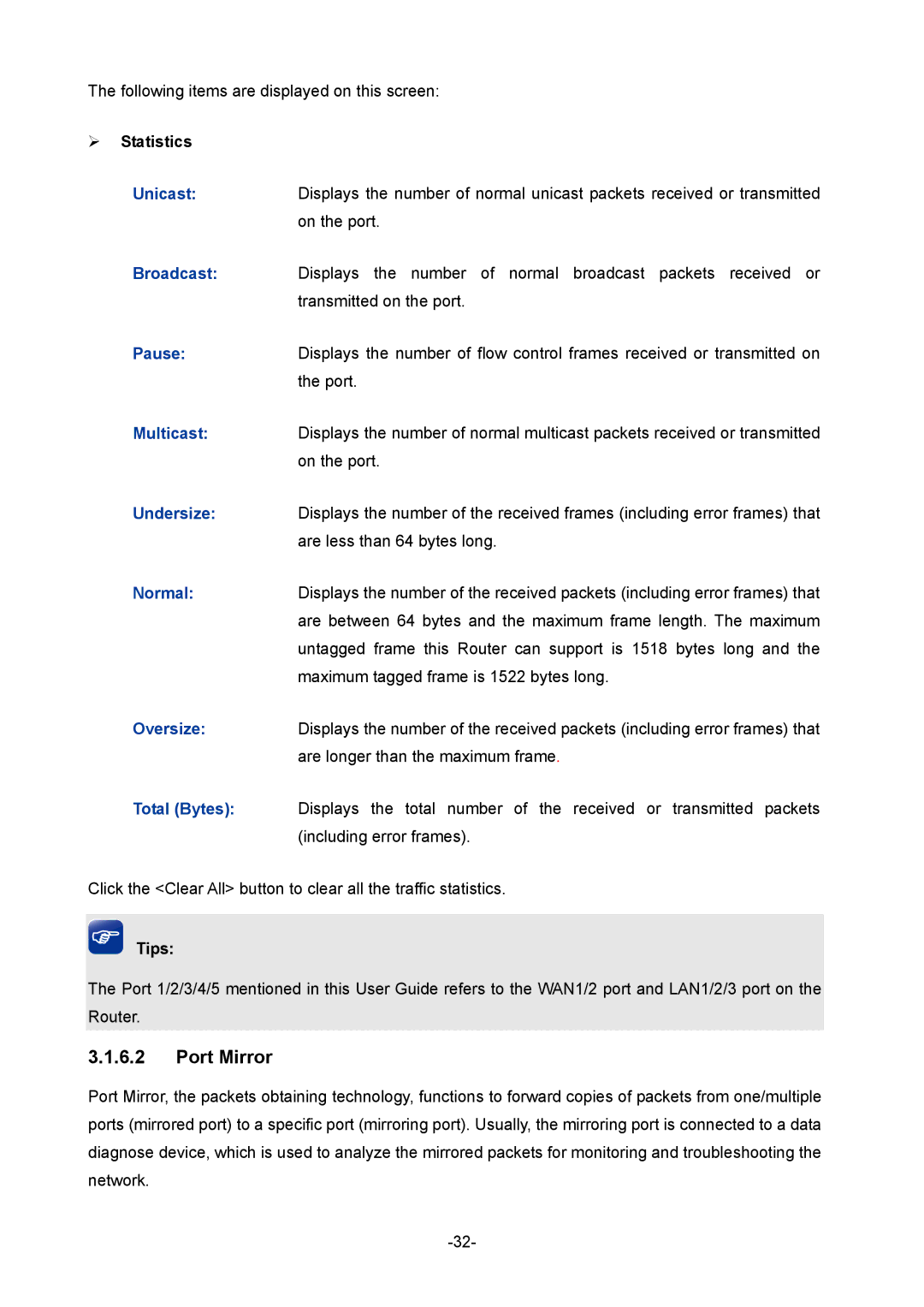 TP-Link TL-ER604W manual Port Mirror,  Statistics 