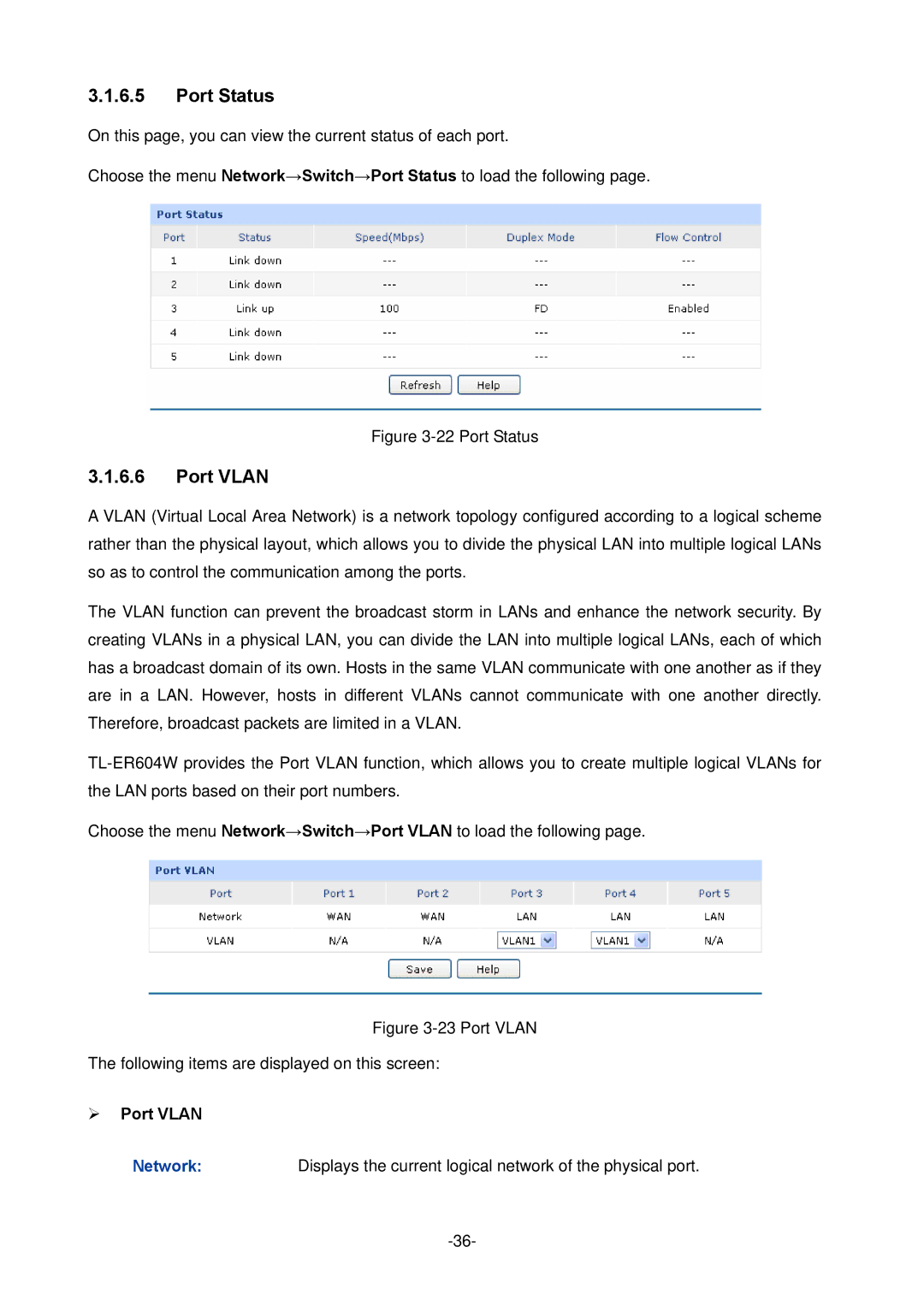 TP-Link TL-ER604W manual Port Status,  Port Vlan 