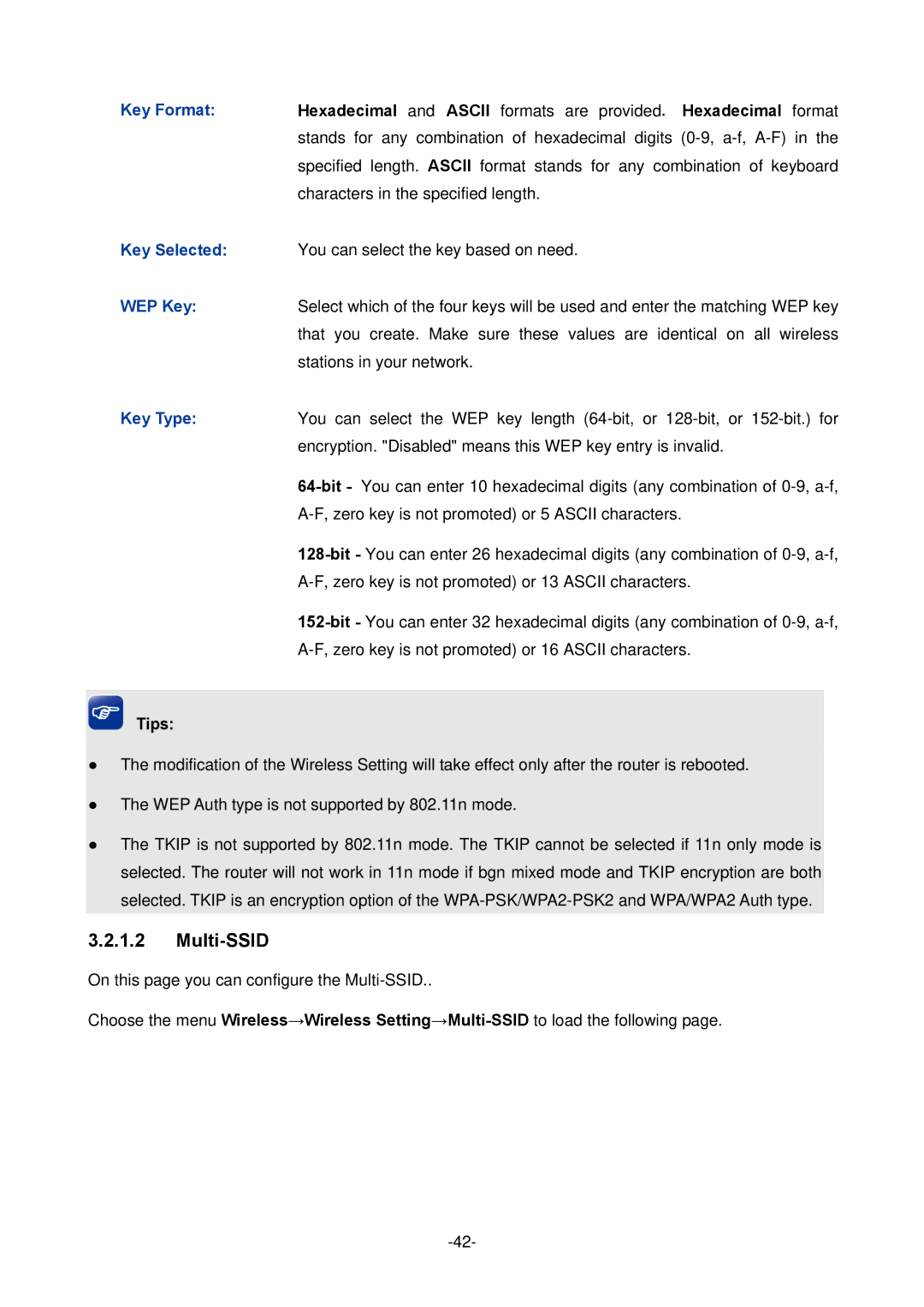 TP-Link TL-ER604W manual Multi-SSID, Key Format, Hexadecimal and Ascii formats are 