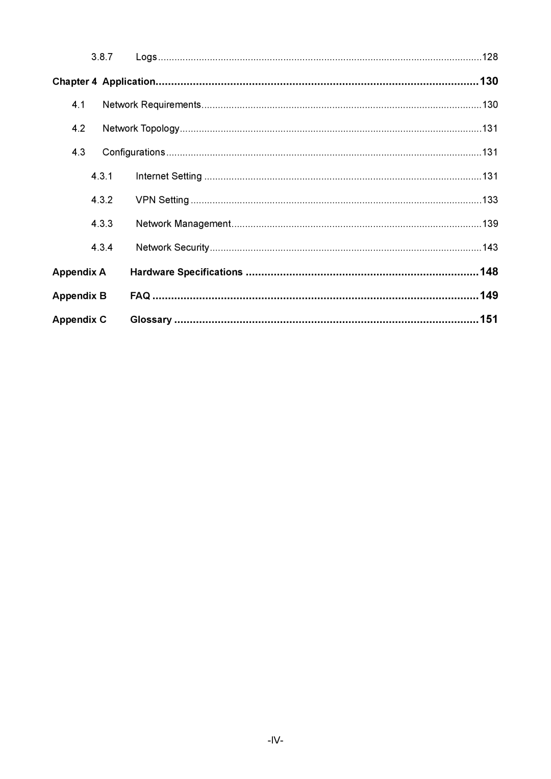 TP-Link TL-ER604W manual Application 130, Hardware Specifications 148, 149, Glossary 151 