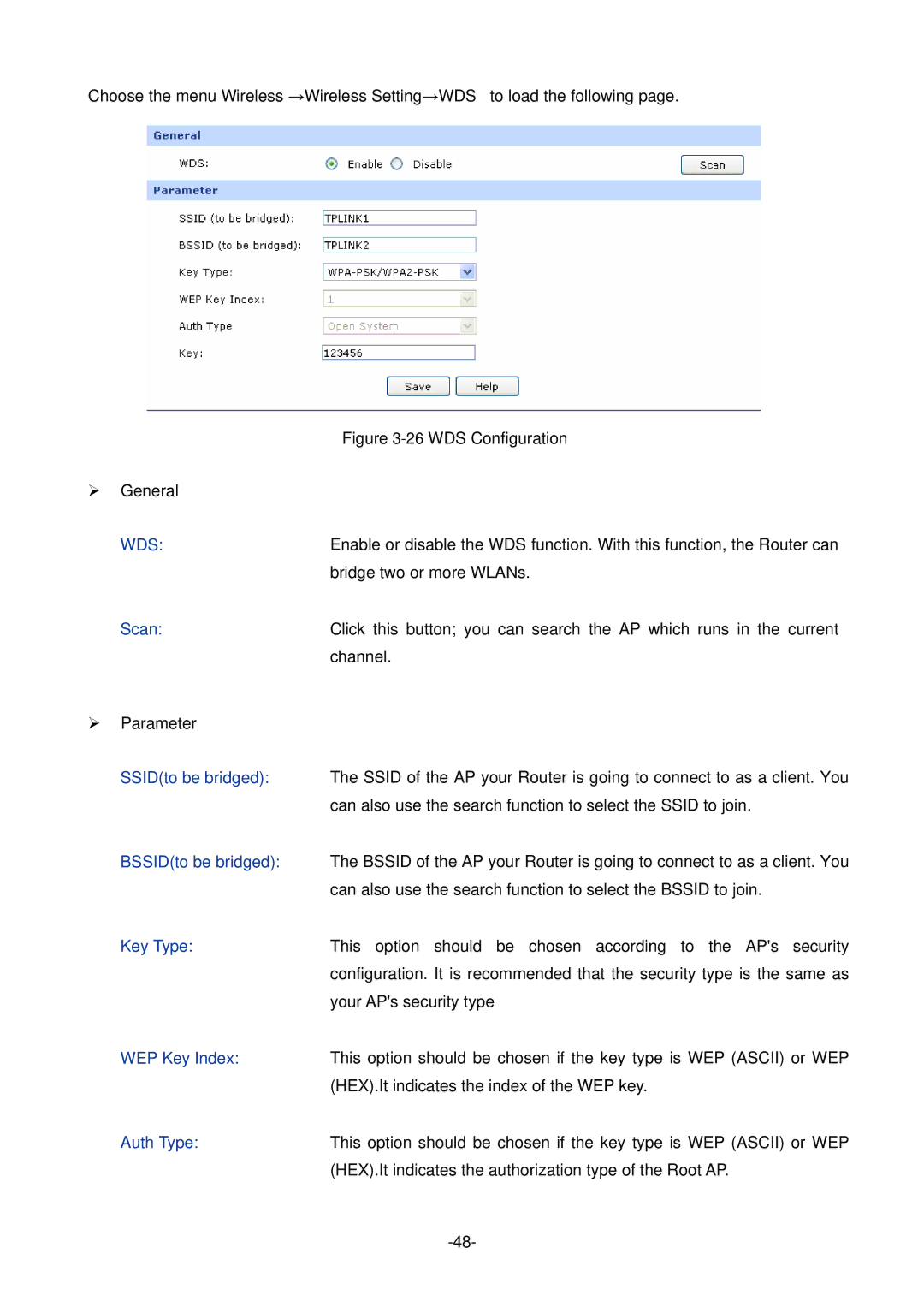 TP-Link TL-ER604W manual Scan,  Parameter, BSSIDto be bridged, Key Type, WEP Key Index 