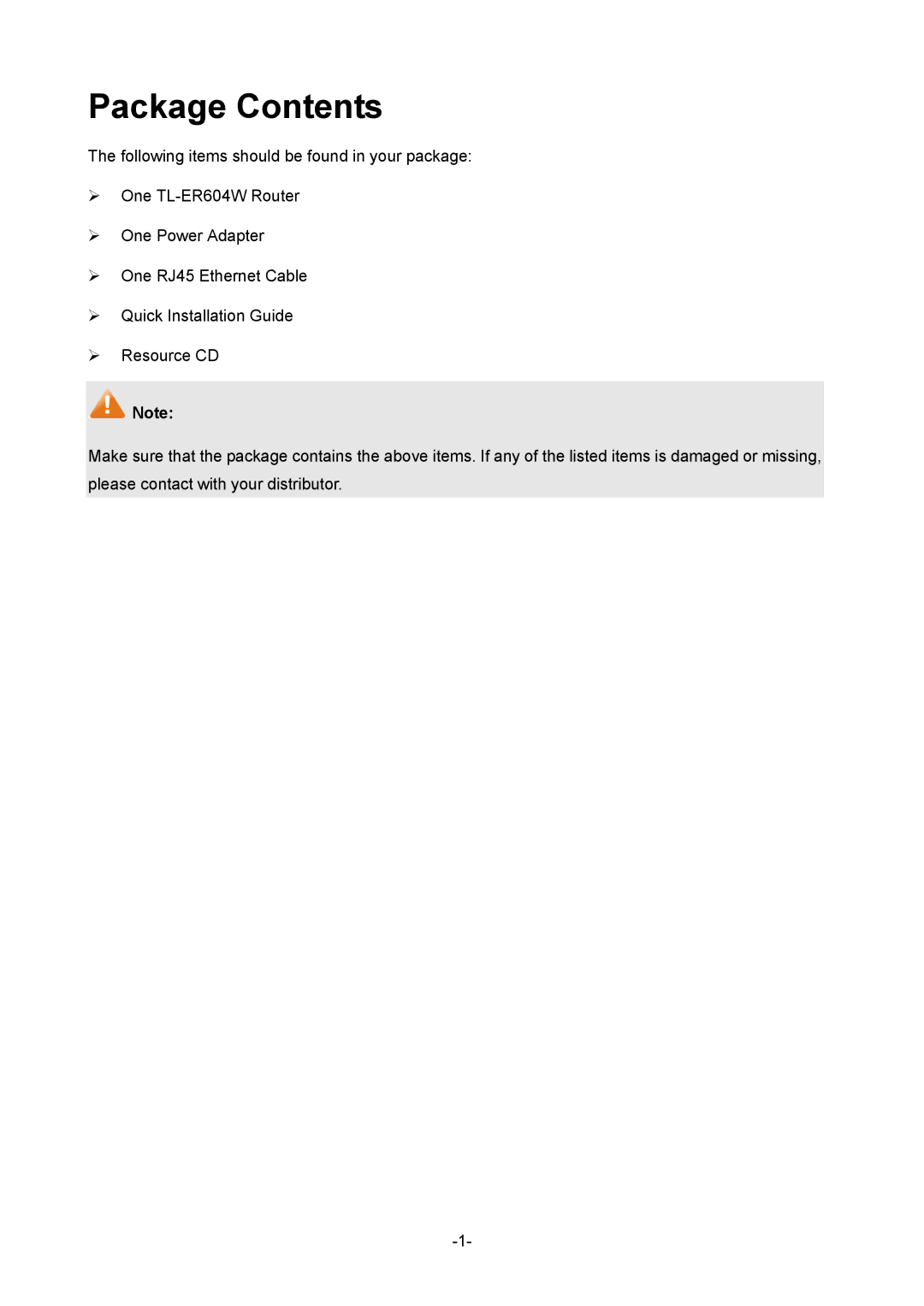 TP-Link TL-ER604W manual Package Contents 